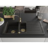 Mexen Andres granitische spoelbak 1,5-komors met afdruiprek en keukenmengkraan Aster, zwart/gouden metallic - 6515-75-73450-57-G