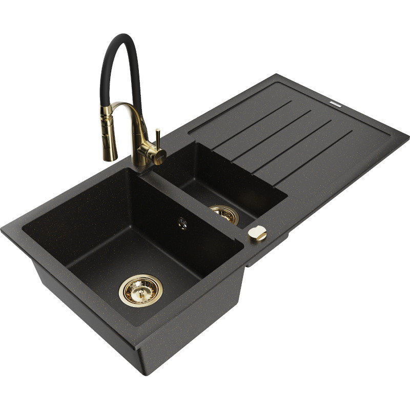 Mexen Andres fregadero de granito de 1,5 senos con escurridor y grifo de cocina Aster, negro/dorado metálico