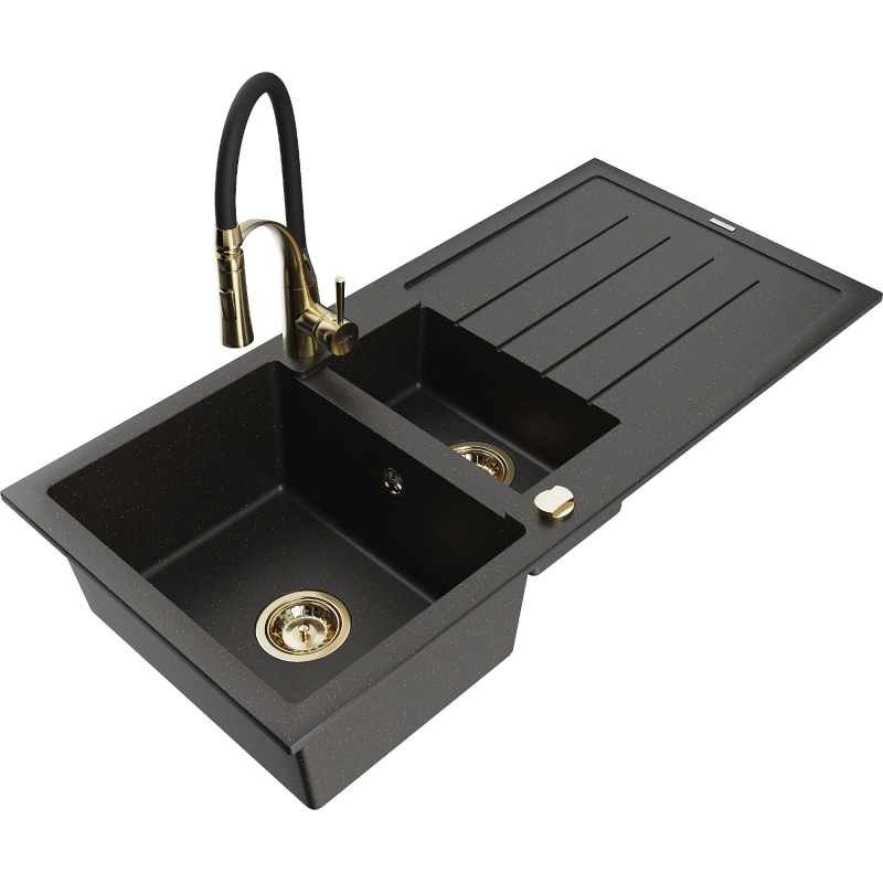 Mexen Andres fregadero de granito de 1,5 senos con escurridor y grifo de cocina Aster, negro/oro metálico - 6515-75-73450-57-G