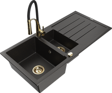 Mexen Andres Granitspüle 1,5-Becken mit Abtropffläche und Küchenarmatur Aster, schwarz/gold metallic - 6515-75-73450-57-G