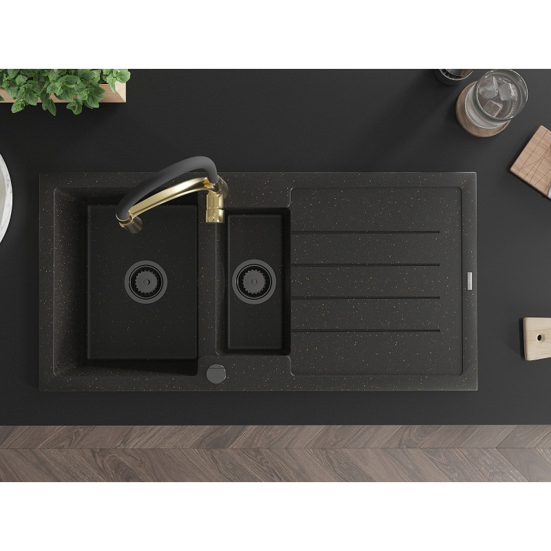Mexen Andres Granitspüle 1,5-Becken mit Abtropffläche und Küchenarmatur Aster, schwarz/gold-metallic - 6515-75-73450-57-B