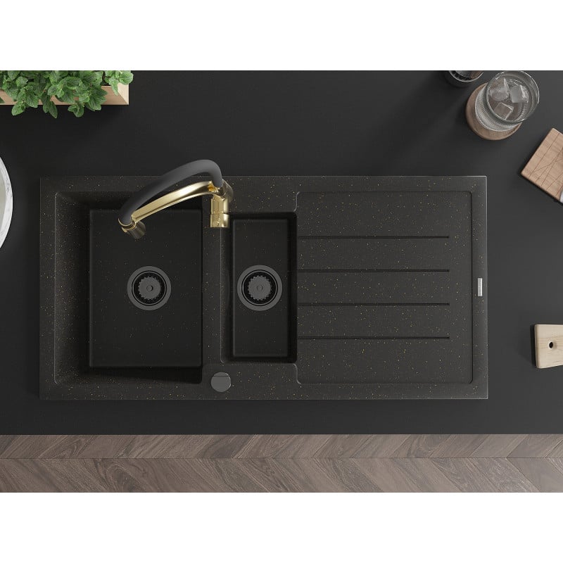 Mexen Andres lava-loiça de granito de 1,5 bacias com escorredor e torneira de cozinha Aster, preto/dourado metálico