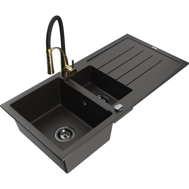 Mexen Andres granieten spoelbak 1,5-bak met afdruiprek en keukenmengkraan Aster, zwart/gouden metallic - 6515-75-73450-57-B