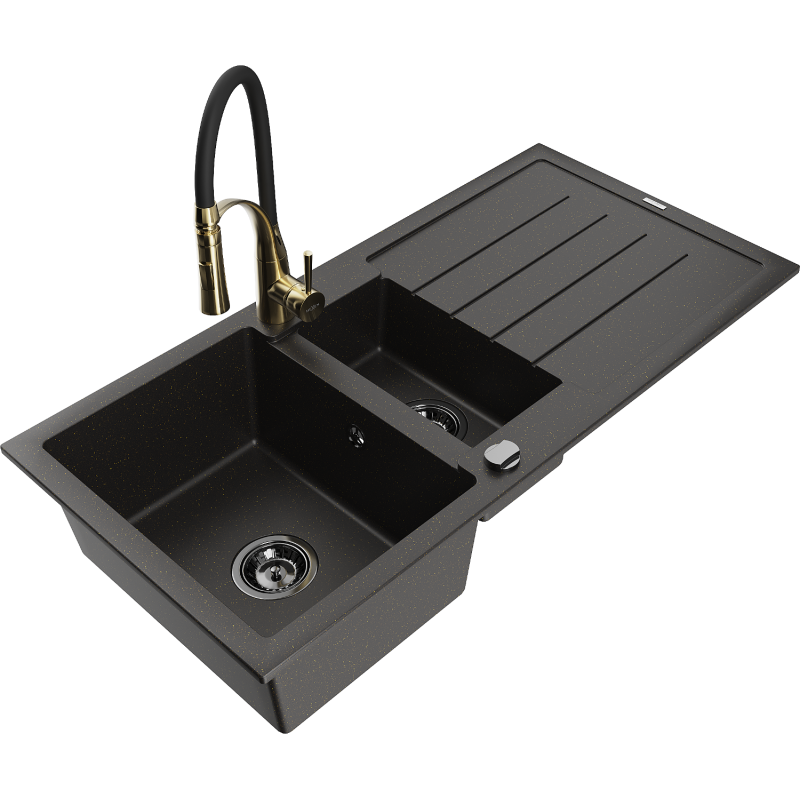 Mexen Andres lava-loiça de granito de 1,5 bacias com escorredor e torneira de cozinha Aster, preto/dourado metálico
