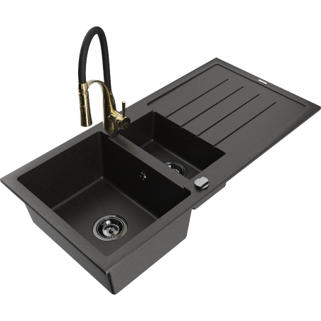 Mexen Andres granieten spoelbak 1,5-bak met afdruiprek en keukenmengkraan Aster, zwart/gouden metallic - 6515-75-73450-57-B