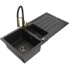 Mexen Andres fregadero de granito de 1,5 cubetas con escurridor y grifo de cocina Aster, negro/metálico dorado