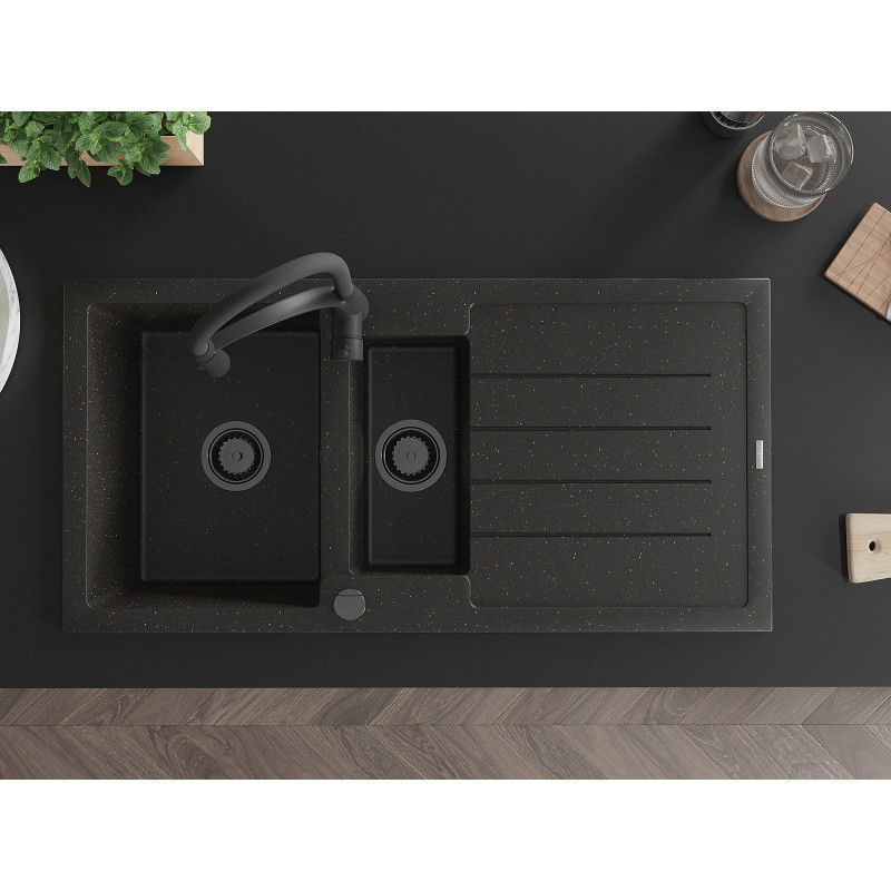 Mexen Andres 1.5-bowl granite kitchen sink with drainer and Aster kitchen tap, black/gold metallic - 6515-75-73450-70-B