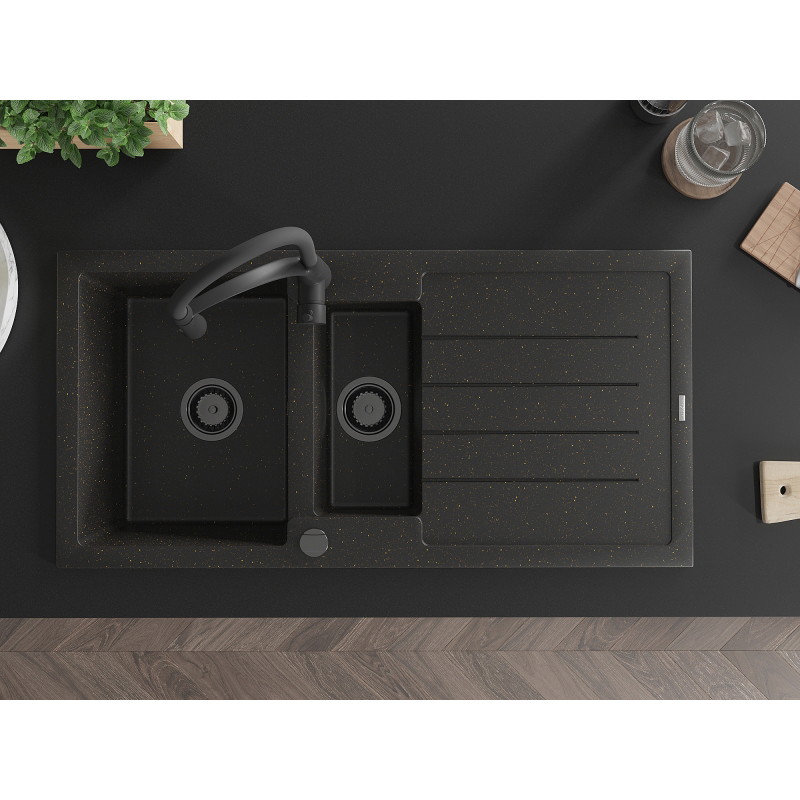 Mexen Andres 1,5-kamer granieten spoelbak met afdruiprek en keukenmengkraan Aster, zwart/goud metallic - 6515-75-73450-70-B