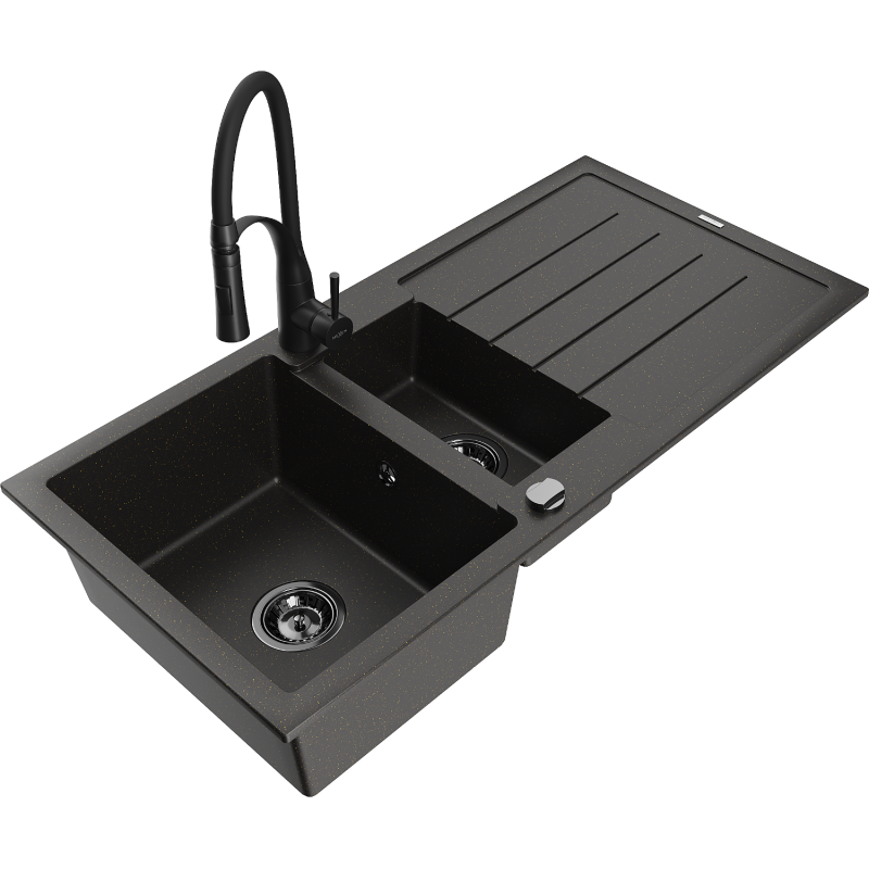 Mexen Andres fregadero de granito de 1,5 senos con escurridor y grifo de cocina Aster, negro/dorado metálico