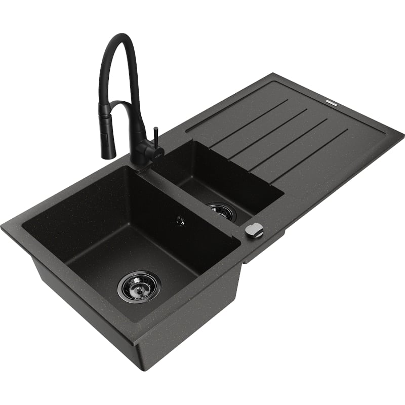 Mexen Andres granitische spoelbak 1,5-kamers met afdruiprek en keukenmengkraan Aster, zwart/goud metallic - 6515-75-73450-70-B