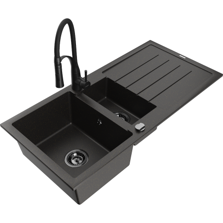 Mexen Andres granitische spoelbak 1,5-kamers met afdruiprek en keukenmengkraan Aster, zwart/goud metallic - 6515-75-73450-70-B