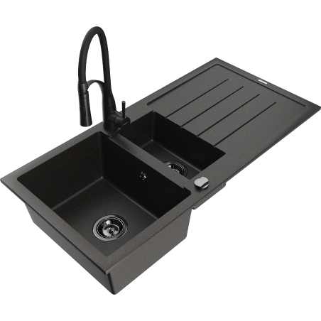 Mexen Andres zlewozmywak granitowy 1,5-komorowy z ociekaczem i baterią kuchenną Aster, czarny/złoty metalik - 6515-75-73450-70-B