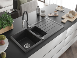 Mexen Andres 1.5-bowl granite kitchen sink with drainer and Aster tap, black speckled - 6515-76-73450-07