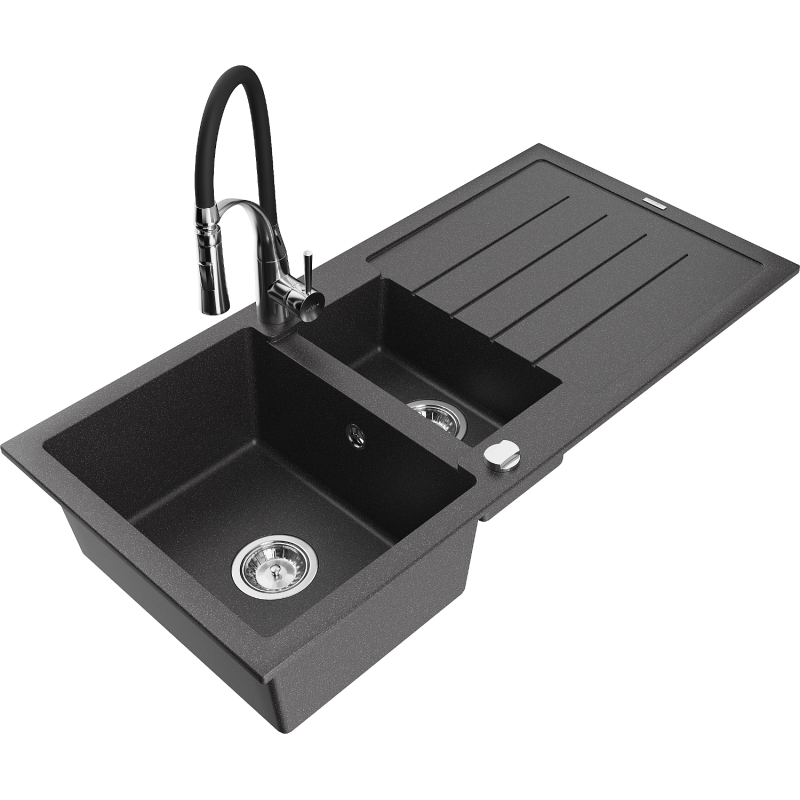 Mexen Andres lava-loiça de granito com 1,5 bacias, escorredor e torneira de cozinha Aster, preto salpicado - 6515-76-73450-07