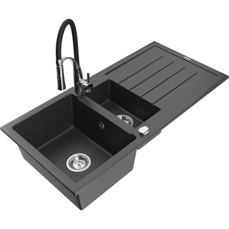 Mexen Andres 1.5-bowl granite kitchen sink with drainer and Aster tap, black speckled - 6515-76-73450-07