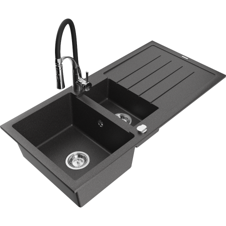 Mexen Andres fregadero de granito 1,5 cubetas con escurridor y grifo de cocina Aster, negro moteado - 6515-76-73450-07