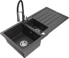 Mexen Andres 1.5-bowl granite kitchen sink with drainer and Aster tap, black speckled - 6515-76-73450-07
