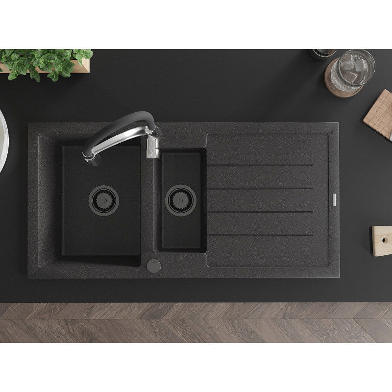 Mexen Andres fregadero de granito 1,5 senos con escurridor y grifo de cocina Aster, negro moteado - 6515-76-73450-07-B
