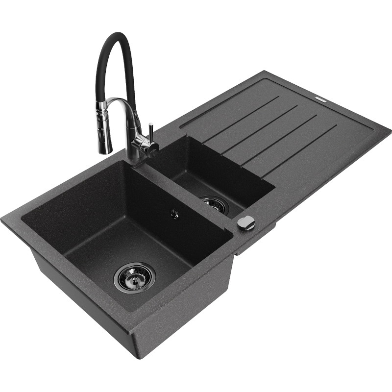 Mexen Andres fregadero de granito de 1,5 senos con escurridor y grifo de cocina Aster, negro moteado - 6515-76-73450-07-B