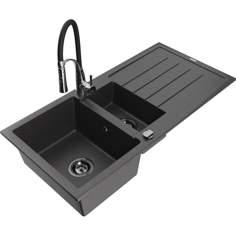 Mexen Andres lava-louça de granito 1,5-cubas com escorredor e torneira de cozinha Aster, preto salpicado - 6515-76-73450-07-B