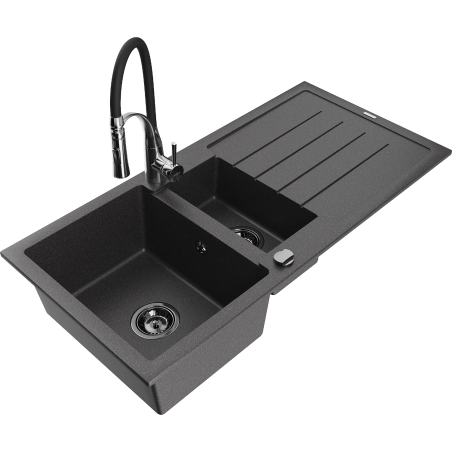Mexen Andres fregadero de granito 1,5 senos con escurridor y grifo de cocina Aster, negro moteado - 6515-76-73450-07-B