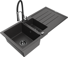 Mexen Andres fregadero de granito 1,5 senos con escurridor y grifo de cocina Aster, negro moteado - 6515-76-73450-07-B