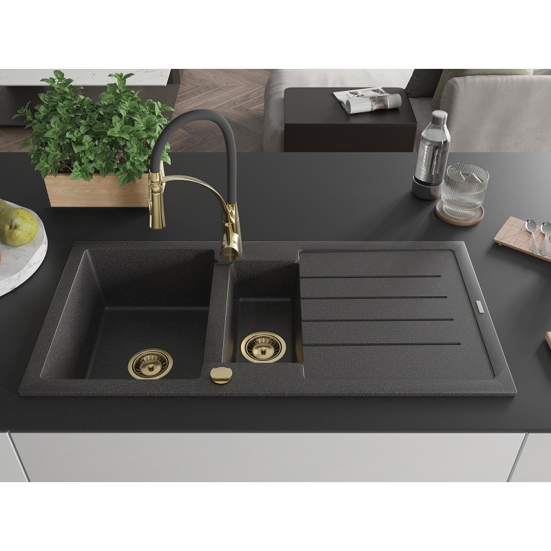 Mexen Andres fregadero de granito de 1,5 compartimentos con escurridor y grifo de cocina Aster, negro moteado