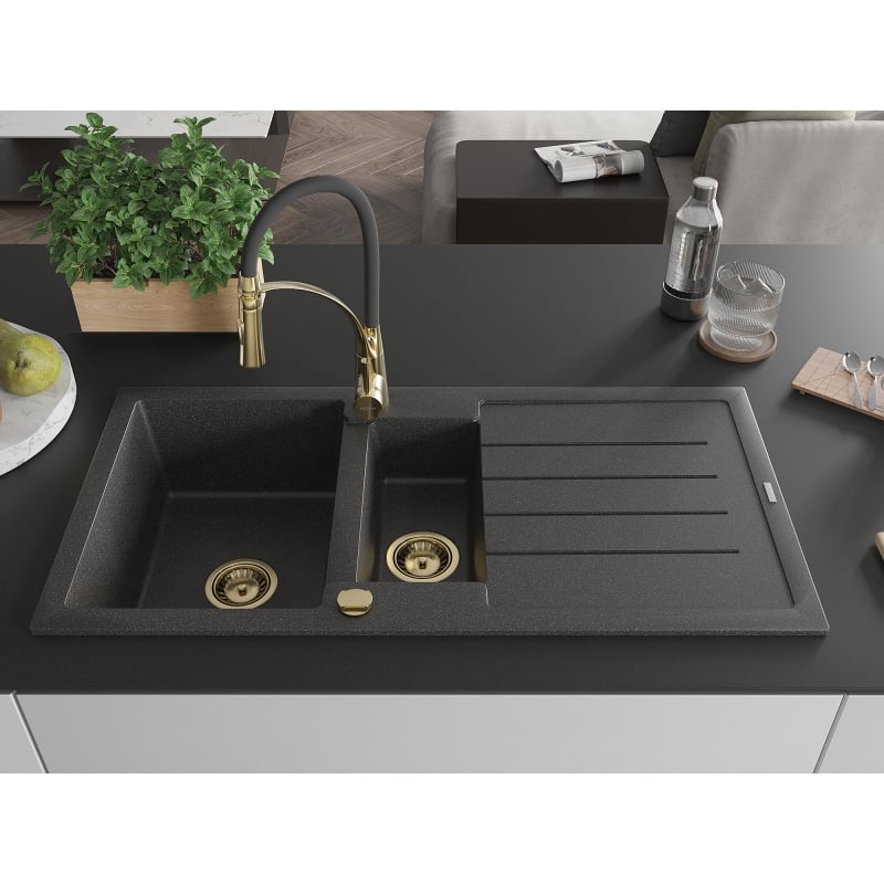 Mexen Andres zlewozmywak granitowy 1,5-komorowy z ociekaczem i baterią kuchenną Aster, czarny nakrapiany - 6515-76-73450-57-G