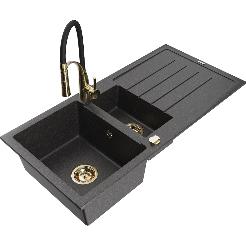 Mexen Andres 1.5-bowl granite sink with drainer and Aster kitchen tap, black speckled - 6515-76-73450-57-G