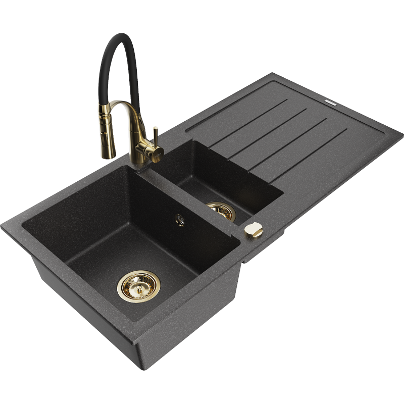 Mexen Andres fregadero de granito de 1,5 senos con escurridor y grifo de cocina Aster, negro moteado - 6515-76-73450-57-G