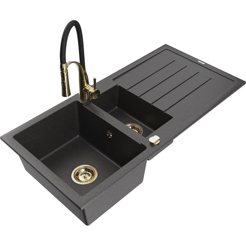 Mexen Andres granite sink 1.5-bowl with drainer and Aster kitchen faucet, black speckled - 6515-76-73450-57-G