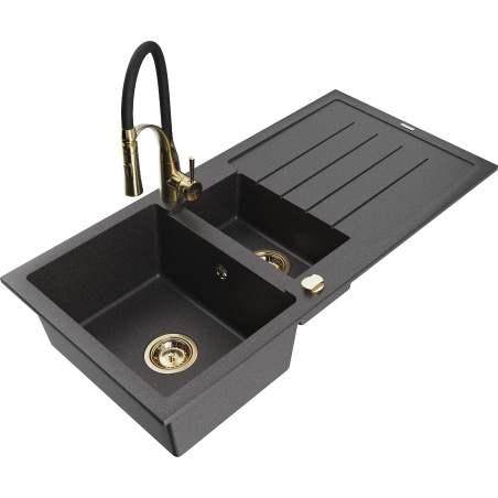 Mexen Andres 1.5-bowl granite sink with drainer and Aster kitchen tap, black speckled - 6515-76-73450-57-G