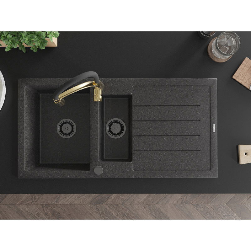 Mexen Andres granite sink 1.5-bowl with drainer and Aster kitchen tap, speckled black - 6515-76-73450-57-B