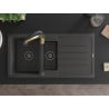 Mexen Andres granitā izlietne ar 1,5 nodalījumiem, notecinātāju un virtuves krānu Aster, melna ar plankumiem