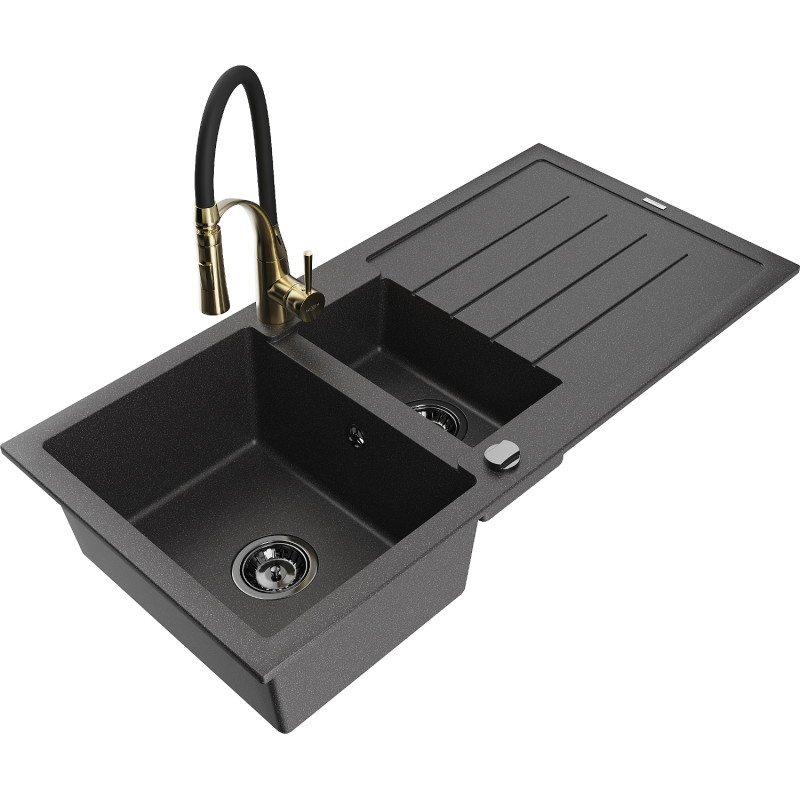 Mexen Andres fregadero de granito de 1,5 senos con escurridor y grifo de cocina Aster, negro moteado - 6515-76-73450-57-B