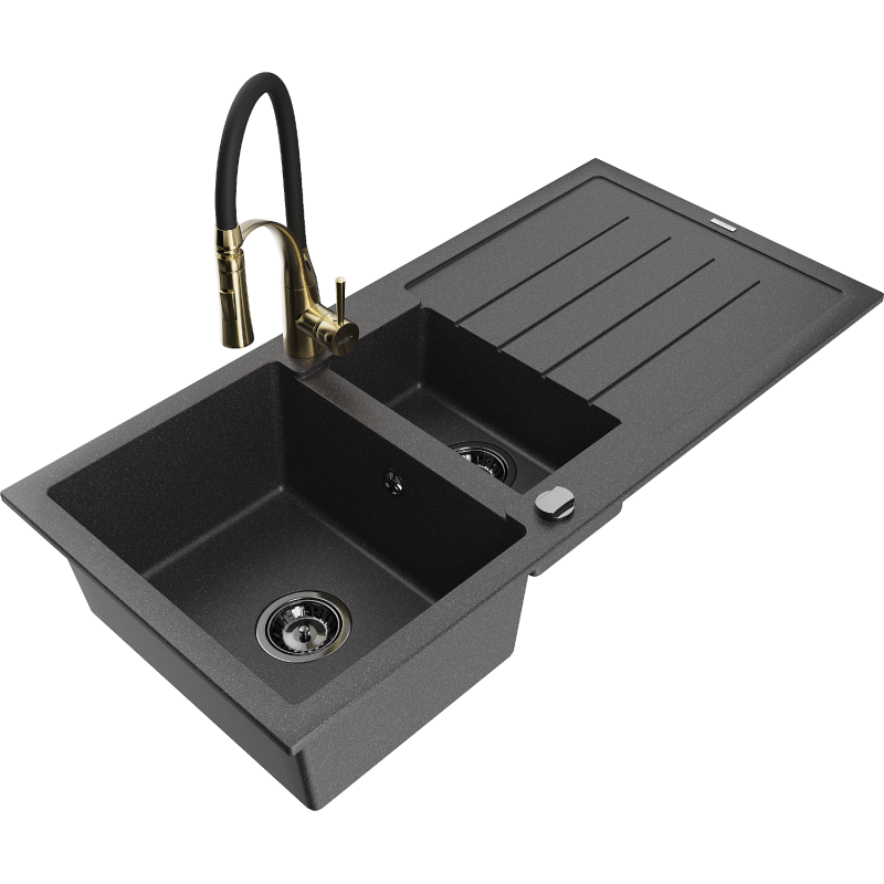 Mexen Andres granite sink 1.5-bowl with drainer and Aster kitchen tap, speckled black - 6515-76-73450-57-B