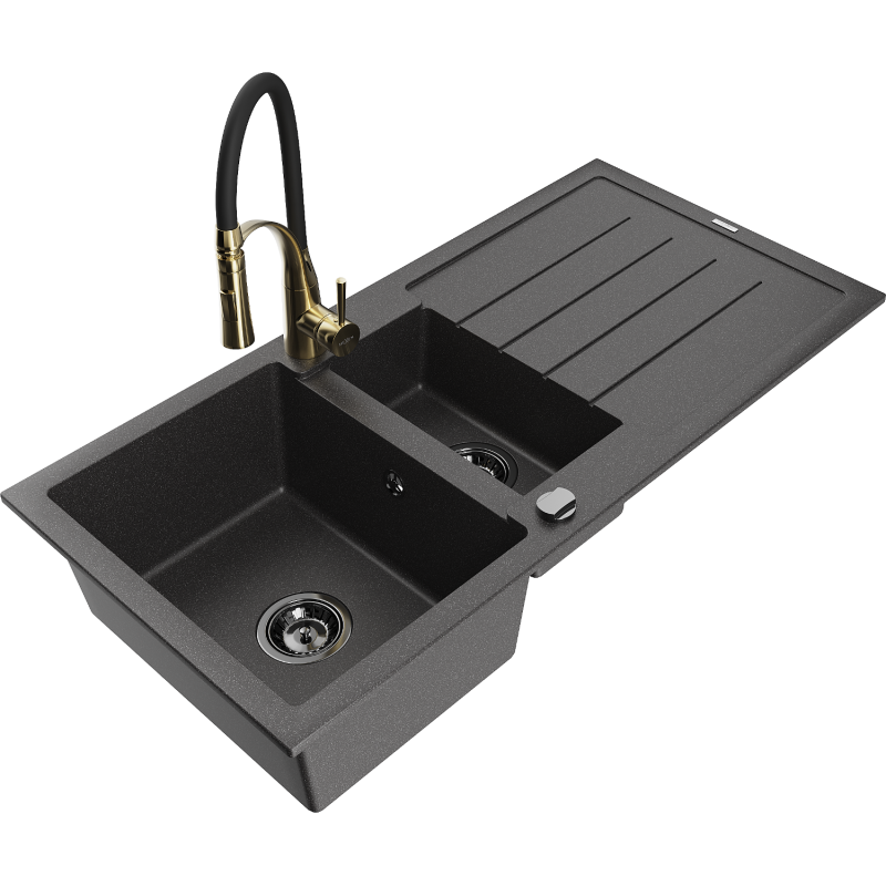 Mexen Andres lava-louça de granito 1,5-câmara com escorredor e torneira de cozinha Aster, preto salpicado - 6515-76-73450-57-B