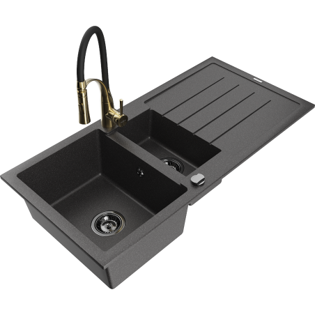 Mexen Andres 1.5-bowl granite sink with drainer and Aster kitchen faucet, black speckled - 6515-76-73450-57-B
