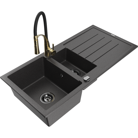 Mexen Andres granite sink 1.5-bowl with drainer and Aster kitchen tap, speckled black - 6515-76-73450-57-B