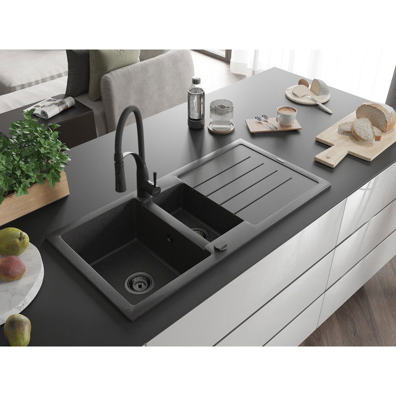Mexen Andres granite sink 1.5-bowl with drainer and Aster kitchen tap, black speckled - 6515-76-73450-70-B