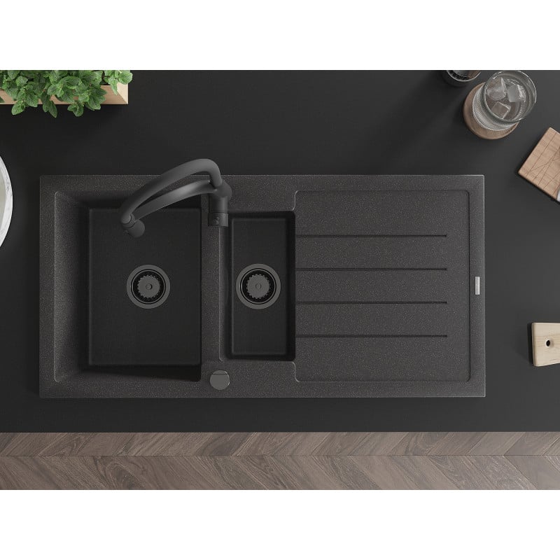 Mexen Andres lava-loiças de granito 1,5 bacia com escorredor e misturadora de cozinha Aster, preto salpicado