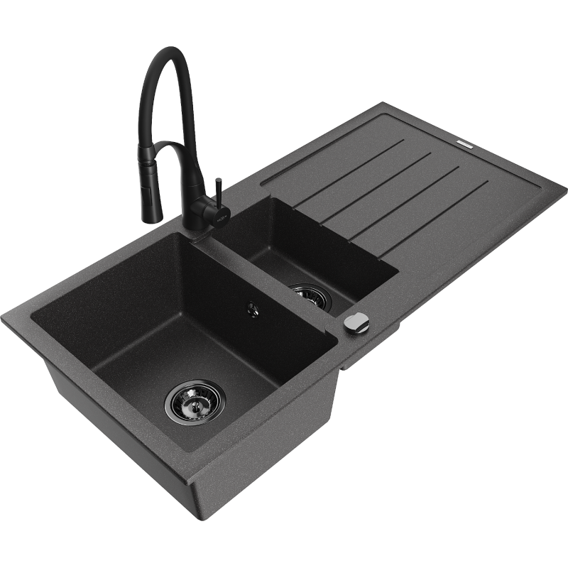 Mexen Andres Granit-Ëvier 1,5-Chamber mat Drainboard an Kichebatterie Aster, schwaarz gepolstert - 6515-76-73450-70-B