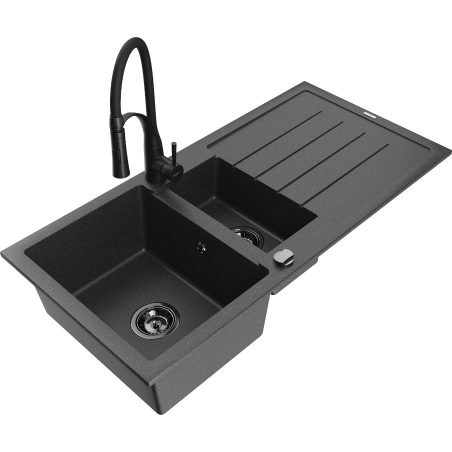 Mexen Andres Granit-Ëvier 1,5-Chamber mat Drainboard an Kichebatterie Aster, schwaarz gepolstert - 6515-76-73450-70-B