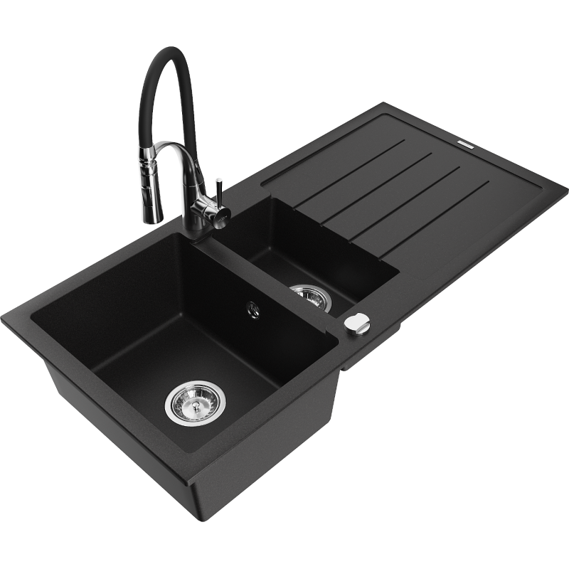Mexen Andres fregadero de granito de 1,5 senos con escurridor y grifo de cocina Aster, negro - 6515-77-73450-07