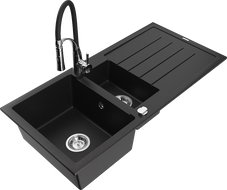Mexen Andres fregadero de granito de 1,5 senos con escurridor y grifo de cocina Aster, negro - 6515-77-73450-07