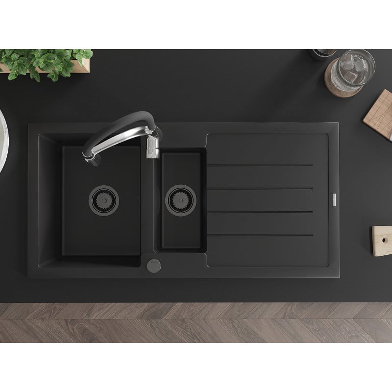 Mexen Andres granieten gootsteen 1,5-kamer met afdruiprek en keukenmengkraan Aster, zwart - 6515-77-73450-07-B