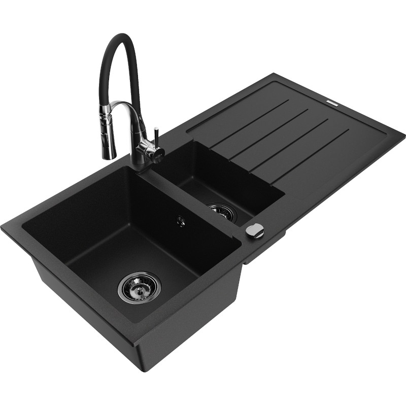 Mexen Andres granitgootsteen 1,5-kamer met afdruiprek en keukenkraan Aster, zwart - 6515-77-73450-07-B