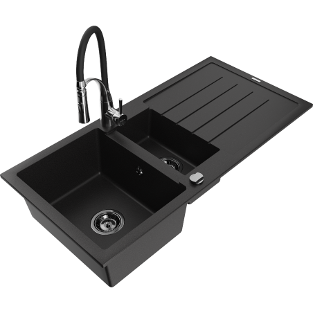 Mexen Andres granite sink 1.5-bowl with drainer and kitchen tap Aster, black - 6515-77-73450-07-B