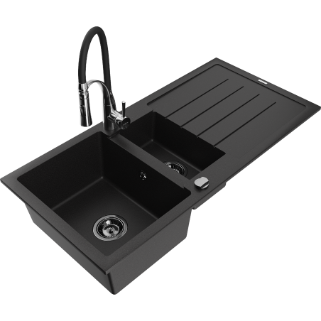 Mexen Andres Granitspüle 1,5-Becken mit Abtropffläche und Küchenarmatur Aster, schwarz - 6515-77-73450-07-B