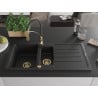 Mexen Andres lavello in granito da 1,5 vasche con sgocciolatoio e rubinetto da cucina Aster, nero - 6515-77-73450-57-G